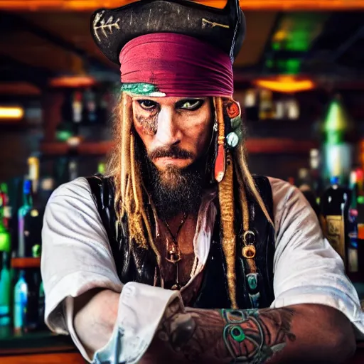 Image similar to high quality portrait of a pirate bartender in a cyberpunk cyberpunk cyberpunk cafe, realism, 8k, award winning photo