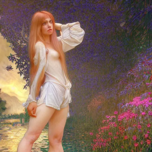 Image similar to A young woman with blonde long hair and bangs in shorts and white shirt drawn by Donato Giancola and Julie Bell, Luis Royo, alphonse mucha, background by James Jean and gustav klimt and John Marshall Gamble, 4k, volumetric lighting, french nouveau, trending on artstation, octane render, hyperrealistic