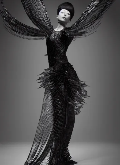 Prompt: a portrait of tessa kuragi by serge lutens, wearing iris van herpen outfit, photorealistic, intricate details, hyper realistic, photorealistic, canon r 3, photography, symmetrical features, symmetrical pose, wide angle shot, head to toe, standing pose, feet on the ground,