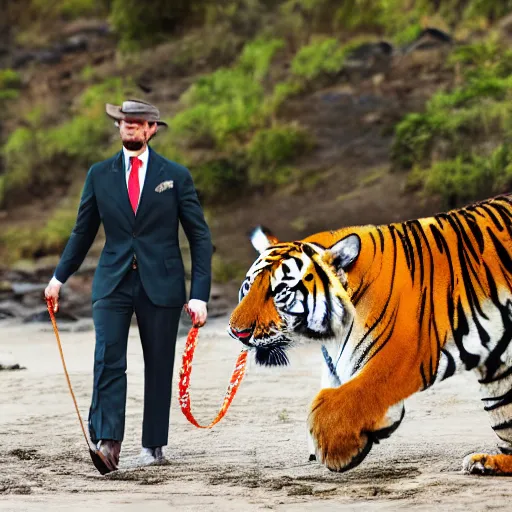 Prompt: a photograph of a dapper gentleman in a suit walking along the shoreline beside a tiger on a leash