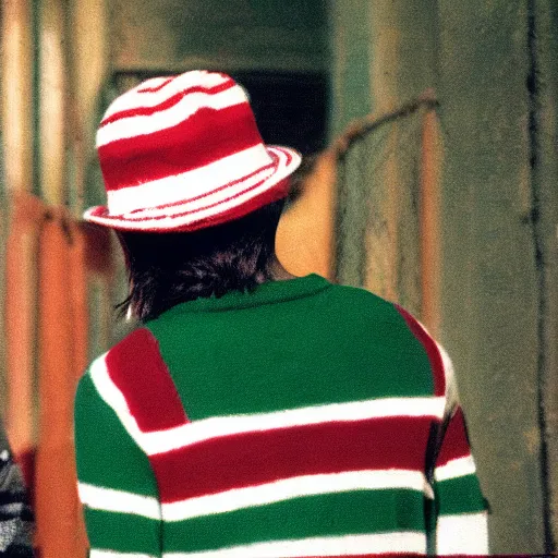 Prompt: a sloth dressed in a red and green striped jumper and fedora lurking in the shadows behind a scared teenager, film still