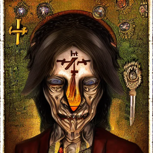 Image similar to portre of a demon, masonic and kabalistic symbols in background, digital art, ultra detailed