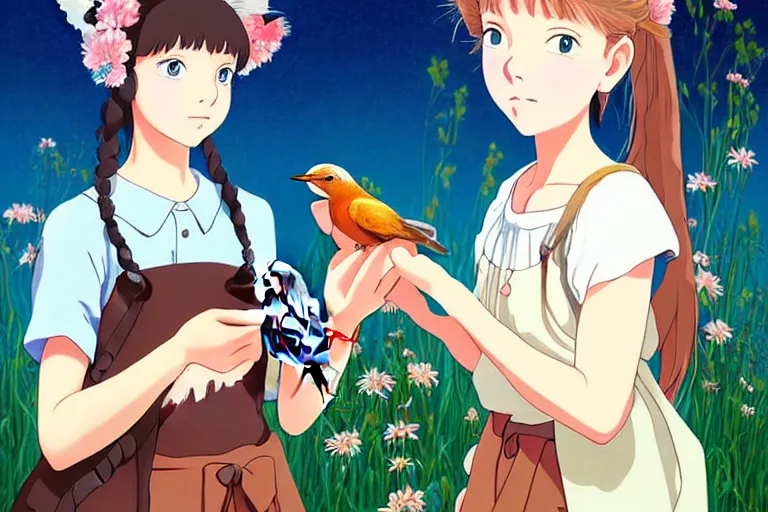 Image similar to young pretty girl holding a bird in her hands, looking touched, Fragile looking character portrait , beautiful scene; highly detailed art, by Studio Ghibli , High contrast, anime art