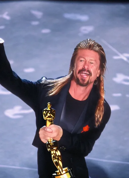 Image similar to a hyper realistic ultra realistic photograph of Joe Dirt winning an oscar, highly detailed, 8k photograph, real