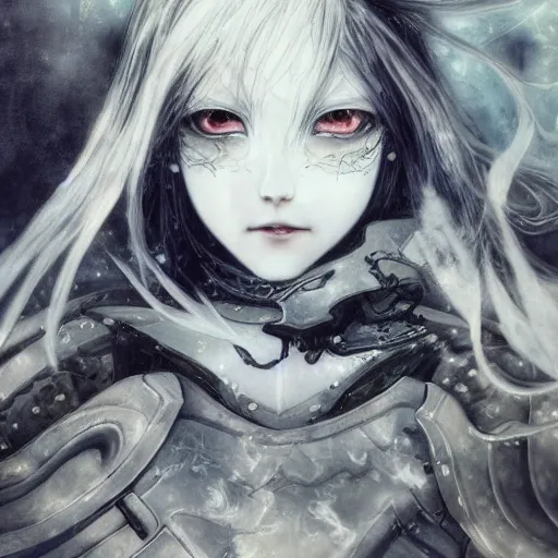 Prompt: yoshitaka amano blurred and dreamy illustration of an anime girl with black eyes, wavy white hair and cracks on her face near eyes wearing elden ring armour with the cape fluttering in the wind, abstract black and white patterns on the background, noisy film grain effect, highly detailed, renaissance oil painting, weird portrait angle