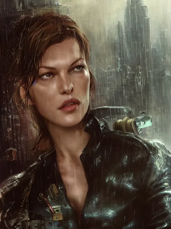 Image similar to portrait of Milla Jovovich from Resident Evil fighting in the wreckage city in the rain,by tom bagshaw,Cedric Peyravernay,James Paick,Ted Nasmith, peter gric,Hugh Ferriss,trending on artstation,8k,Blade Runner 2049,ultra realistic,high detail,golden ratio,cinematic lighting,maximalist