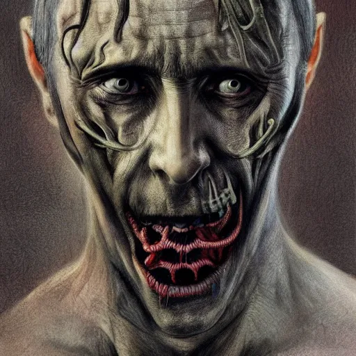 Prompt: bodyhorror portrait of vladimir putin who became an ugly lovecraftian monstrous degenerate abomination, photo - realistic, color image, 2 k, highly detailed, horror, by giger