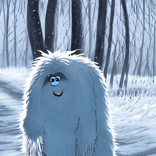 Prompt: illustrated scene of a friendly yeti waving at the camera as it walks through the woods, snowy scene in morning light
