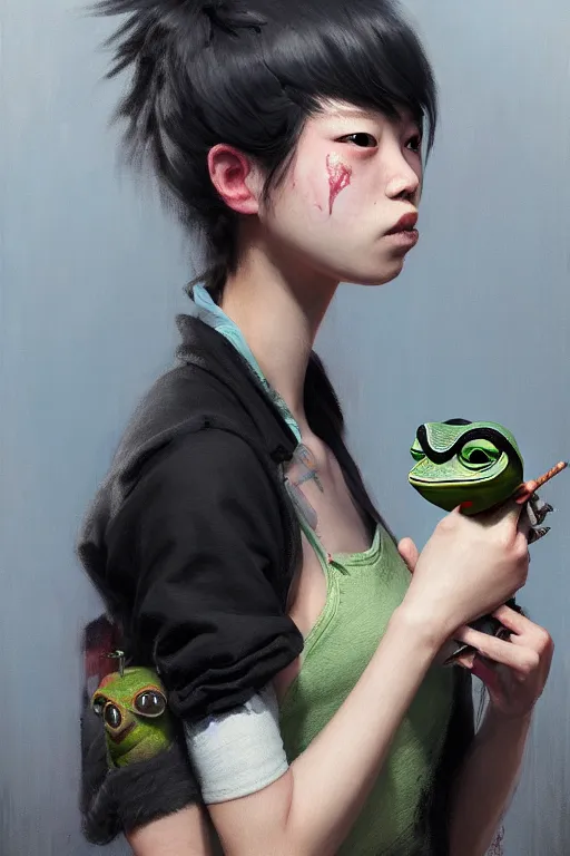 Image similar to portrait of a punk girl on a date with pepe! the frog! drinking coffee in the style of fenghua zhong and ruan jia and jeremy lipking and peter mohrbacher, extremely detailed digital painting, 8 k