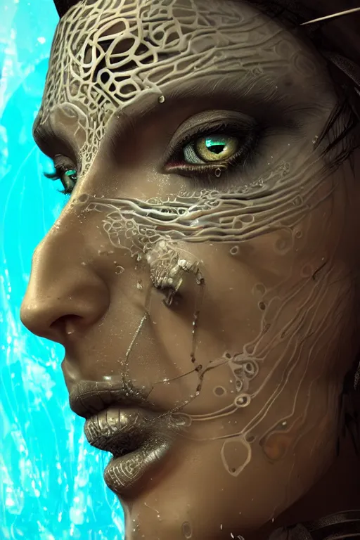 Prompt: a profile photo real render of an ancient futuristic shaman with digital modifications surrounded by a underwater ink pour and flowing liquid gallium and complex sacred geometry, perfect body and face, powerful, cinematic, beautifully lit, by artgerm, by karol bak, 3 d, trending on artstation, octane render, 8 k