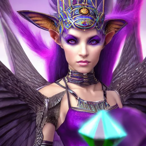 Image similar to 8k unreal engine render by Anne Stokes of a half-elf sorceress with purple hair from dungeons and dragons, beautiful, symmetrical face, wearing a tutu, a poison spell forms in her hand, in a crowded ancient Egyptian city, insanely detailed, depth of field unreal engine ultra-wide angle lens, volumetric lighting, vivid color