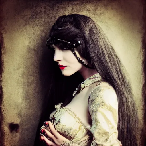 Image similar to A beautiful portrait of a lady vampire, steampunk, photography, 35mm, soft light, cinematic, klimt