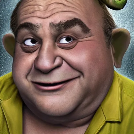 Image similar to award winning portrait of danny devito as shrek, photo by mark mann, hyper detailed