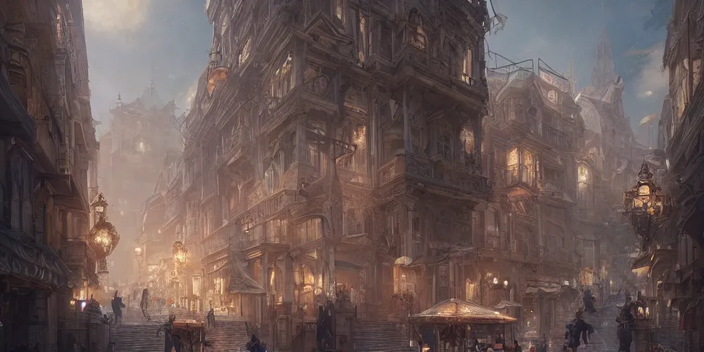 Image similar to the town square of the great city of noxia, marble streets, ivory towers, peter morbacher, ross tran, greg rutkowski, intricate details, extravagant, trending on artstation, cinematic lighting, digital painting, sharp focus, no blur, octane render, artgerm