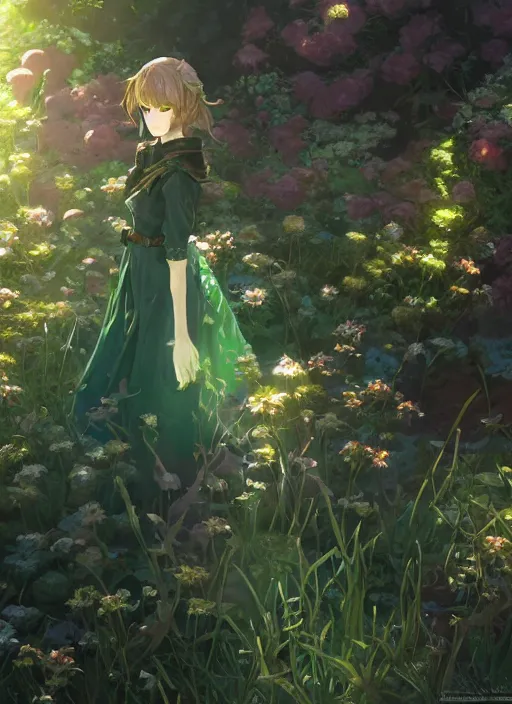 Image similar to a portrait of the emerald herald in the garden, shiny, intricate, tone mapped, ambient lighting, highly detailed, digital painting, concept art, sharp focus, by makoto shinkai and akihiko yoshida and hidari and wlop