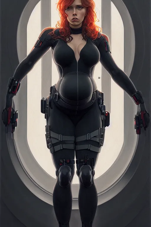 Image similar to pregnant black widow, realistic portrait, symmetrical, highly detailed, digital painting, artstation, concept art, smooth, sharp focus, illustration, cinematic lighting, art by artgerm and greg rutkowski and alphonse mucha