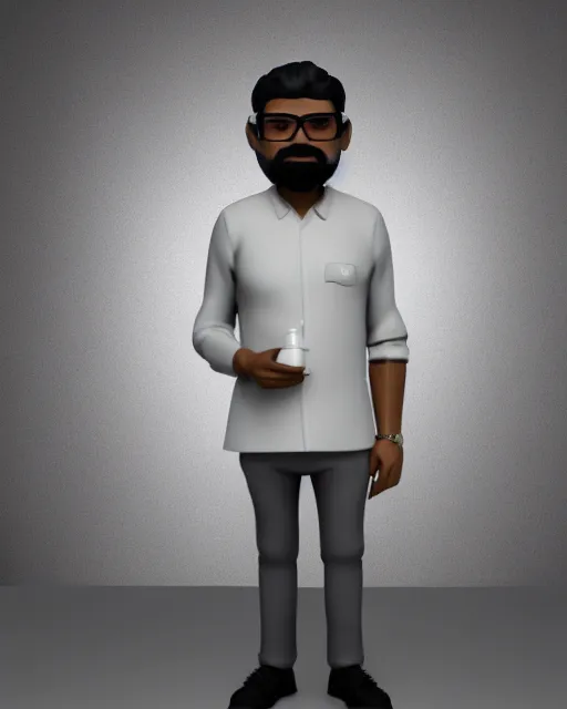 Prompt: full body 3 d render of middle aged indian man, white grey! thin beard, small glasses, dark hair, as a full body funko pop!, studio lighting, grey background, single body, no shadow, blender, trending on artstation, 8 k, highly detailed