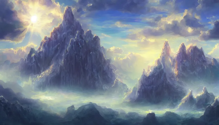 Image similar to a beautiful painting of a crystal castle set on top of a cliff, sun shining light rays thorugh the clouds, trending on artstation. blue color scheme