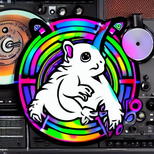 Image similar to svg sticker of a Dancing-Squirrel, at a rave, spinning records, giant headphones rocking out, wearing headphones, huge speakers, dancing, rave, DJ, spinning records, digital art, amazing composition, rule-of-thirds, award-winning, trending on artstation, featured on deviantart