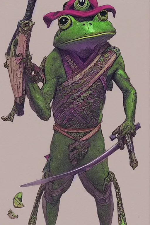 Image similar to Frog Samurai. concept art by James Gurney and Mœbius.