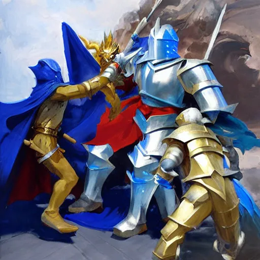 Image similar to dragon fight vs knight in a car, knight in blue armor and wields a gold sword, greg manchess