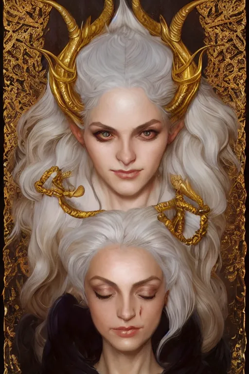 Image similar to fullbody!! beautiful woman with white hair, big natural horns on her head, gold jewellery, dnd, face, fantasy, intricate, elegant, highly detailed, digital painting, artstation, concept art, smooth, sharp focus, illustration, art by artgerm and greg rutkowski and alphonse mucha