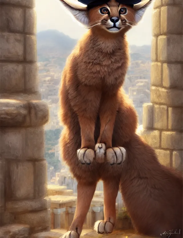 Image similar to cute fluffy caracal in a ancient greek city, wearing a hat on head | | cute, key visual, realistic shaded perfect face, fine details by stanley artgerm lau, wlop, rossdraws, james jean, andrei riabovitchev, marc simonetti, and sakimichan, trending on artstation