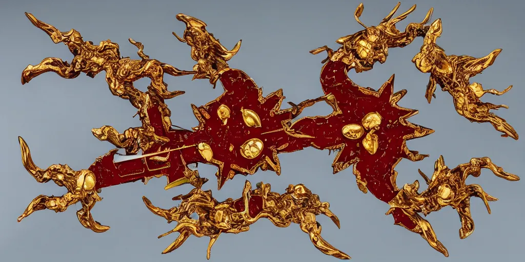 Prompt: cu of a large five armed golden, ruby and emerald encrusted shuriken weapon, flying thru a ancient forest