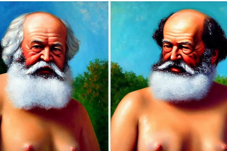 Prompt: ( ( a beautiful 8 k photorealistic masterpiece oil - painting ) ( close up ) and ( zoom out ) ( of ( karl marx and sigmund freud in a swimsuit ad ) ( in swimsuit ( both giggling and having fun ) ) ) ( hyperrealism ) ( 1 6 k ) ( trending on artstation )