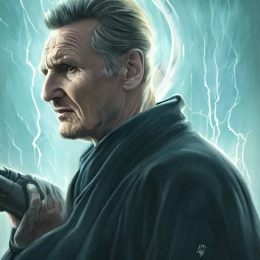 Prompt: Liam Neeson as a vengeful prophet calling down lightning, symmetrical, smooth, sharp focus, art by magali villeneuve and art germ, concept art, very high quality