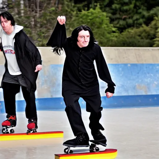 Prompt: Severus Snape rollerblading at the skate park