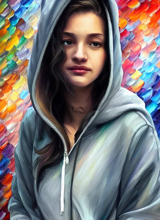 Image similar to jennifer anistan, gray hoodie, jeans, half body shot, path traced, highly detailed, high quality, digital painting, alena aenami, leonid afremov, lilia alvarado, shinji aramaki, karol bak, alphonse mucha, tom bagshaw