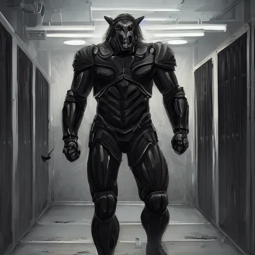 Prompt: a herculean anthro horse with an enormously muscular physique prowling in a black stealth suit, corridor of a high - tech facility, highly detailed, digital painting, artstation, concept art, illustration, art by artgerm, greg rutkowski, wlop