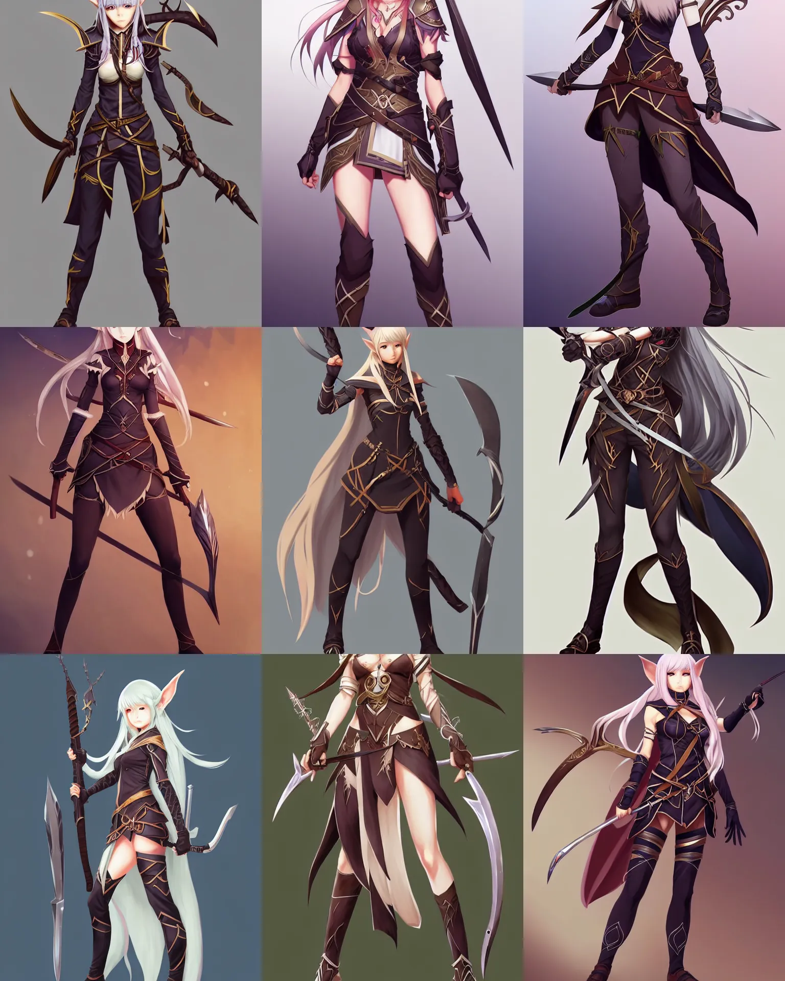 Prompt: Full body character concept art of an anime elven huntress || hime cut, cute-fine-face, pretty face, realistic shaded Perfect face, fine details by Stanley Artgerm Lau, WLOP, Rossdraws, James Jean, Andrei Riabovitchev, Marc Simonetti, and Sakimichan, tranding on artstation