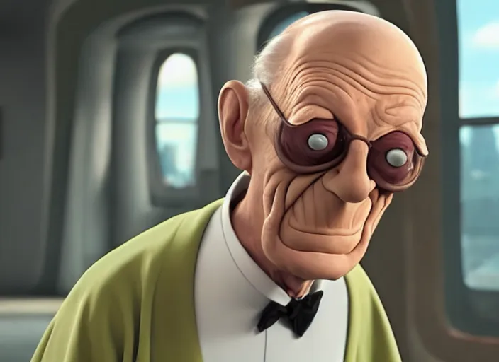 Prompt: film still of real life professor farnsworth in the futurama scifi movie, 4 k