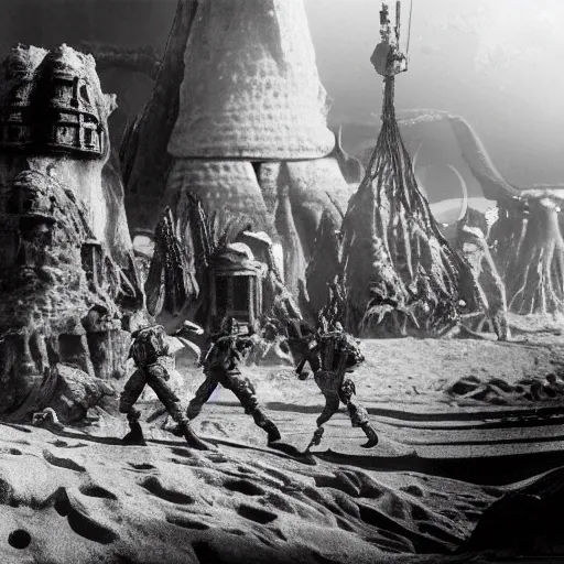 Prompt: soldiers exploring an alien world, 1 9 2 0's sci - fi, black and white, 8 k, highly ornate intricate details, extreme detail,