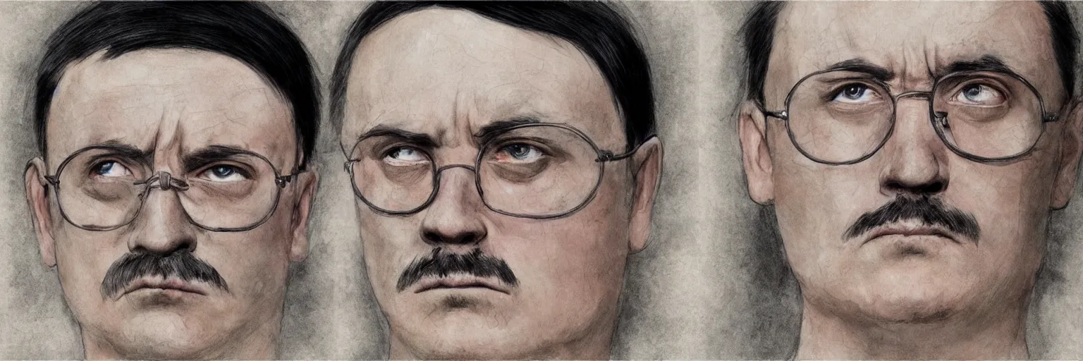 Prompt: colored character face study of crying mike patton and adolf hitler, 1 7 yo, clear, evil, glasses, sad, character sheet, fine details, concept design, contrast, kim jung gi, da vinci and francis bacon, trending on artstation, 8 k, 3 6 0 head, turnaround, front view, back view, ultra wide angle