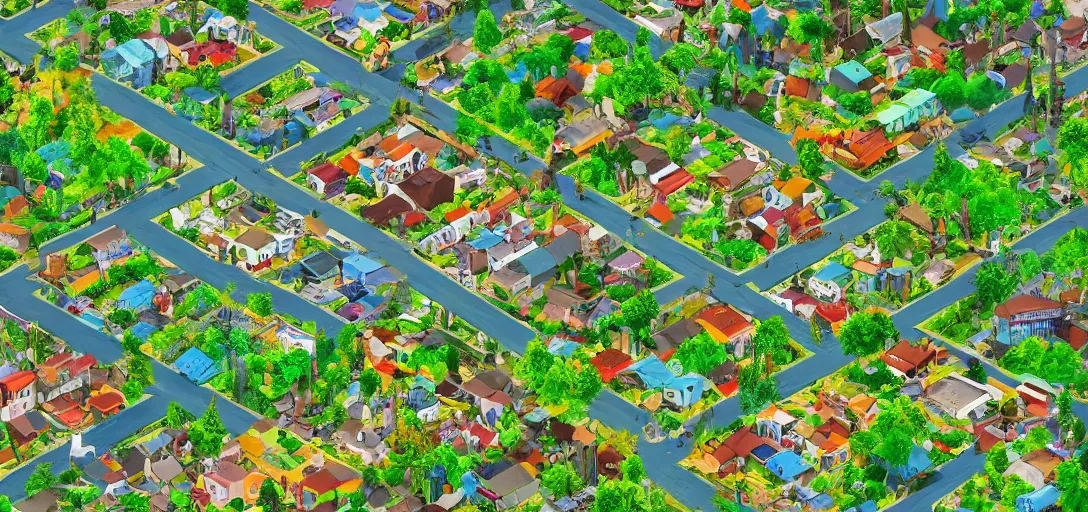 Prompt: Look of a village powered by solar power and sustainability, full daylight, morning, cartoon moody scene, digital art, 8k, colorful details of lush nature covering the streets