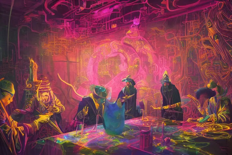 Image similar to a beautiful highly detailed masterpiece photograph of wizards performing cutting edge prompt engineering in a scientific laboratory by remedios varo and anato finnstark and greg rutkowski and andy warhol and francis picabia, dayglo pink, dayglo blue, prismatic, glowing, trending on artstation