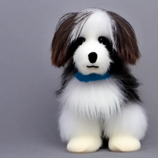 Prompt: TY beanie baby (bearded collie dog), ultra high resolution, cute, adorable, fluffy, 70mm/f2.8, imax