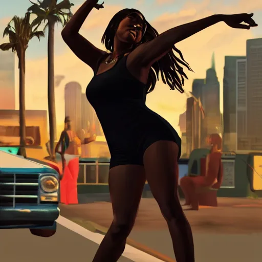 Prompt: Black woman dancing in GTA V, cover art by Stephen Bliss, artstation, no text