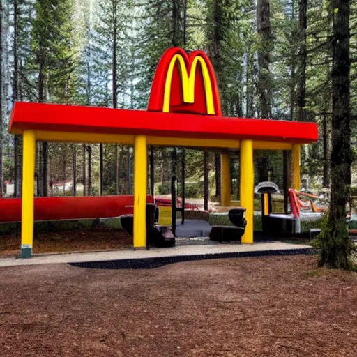 Prompt: photograph of a mcdonalds playplace inside a pacific northwest forest