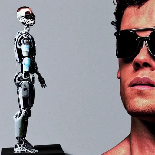 Image similar to “a realistic detailed photo of a guy who is the terminator robot, a cyborg consisting of living tissue over a robotic endoskeleton, who is a male android, Ethan Dolan, posing like a statue, blank stare”