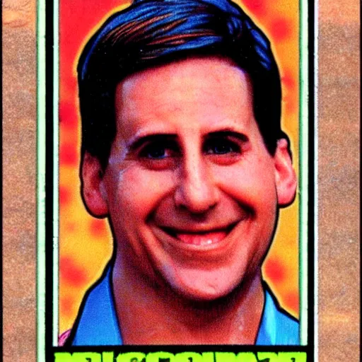 Image similar to michael scott garbage pail kid style trading card 1 9 8 7