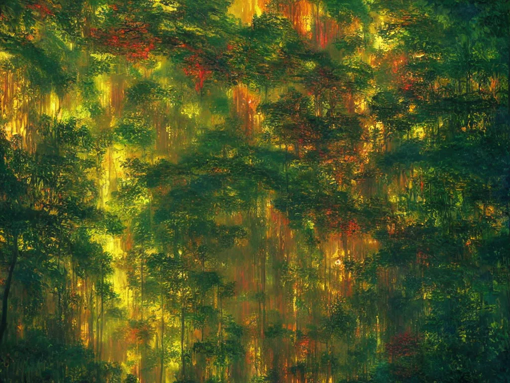 Prompt: a huge rainforest with rainbow trees, artstation, in the style of assassin's creed, by claude monet, colorful, light, polygonal, metal, rusty, highly detailed art