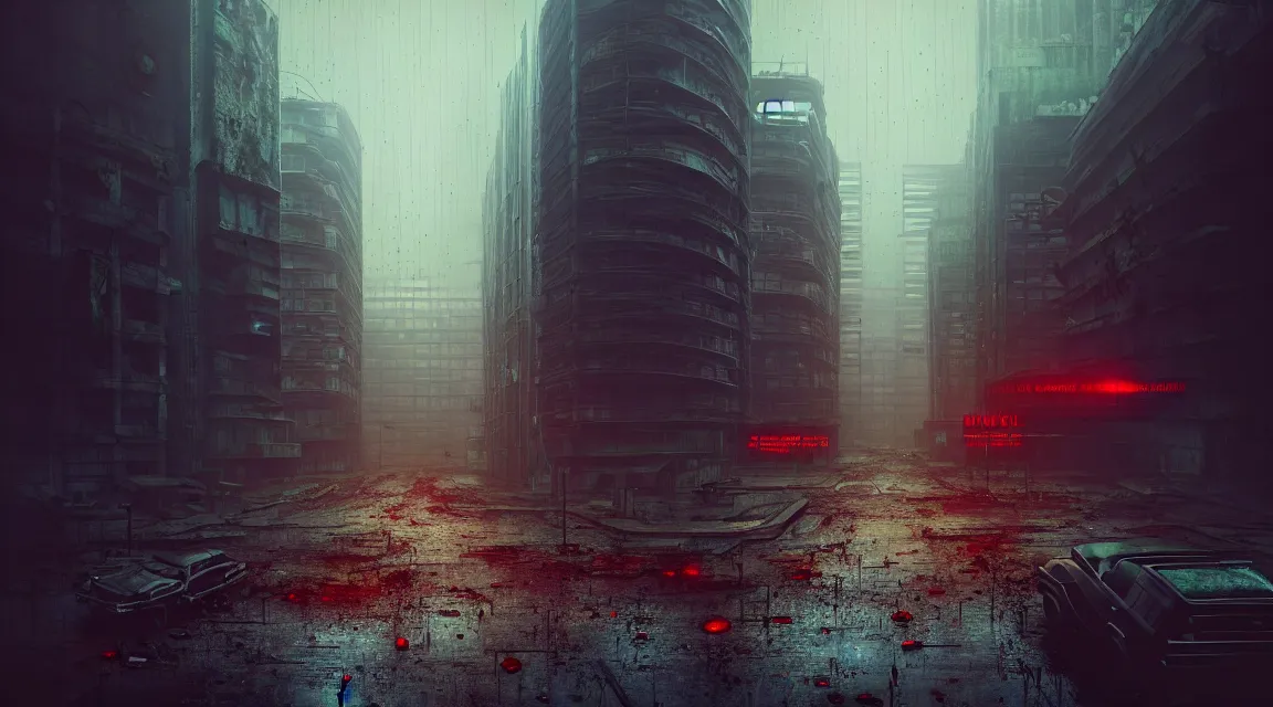 Prompt: post - apocalyptic city building, raining, building, avenue, modern contemporary urban americana concrete architecture, paved roads, by neil blevins trending on artstation, photorealistic, neon ambiance, ultra - detailed, high definition, depth of field, bokeh, wild vegetation, blood stains, crumbling, post - apocalyptic warriors