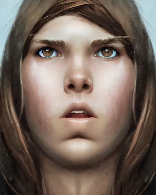 Image similar to symmetry!! portrait of 1 5 - year - old girl with voluminous bushy brown hair, large front teeth, and bright piercing brown eyes, hyper realistic face, beautiful eyes, fantasy art, in the style of greg rutkowski, intricate, hyper detailed, smooth