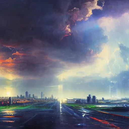 Image similar to oil painting of a futuristic city near to a big lake, dramatic storm clouds, dusty street, sunrays, dramatic, very very very beautiful art, cinematic lighting, romanticism by goya, bright pastel color, blue sky