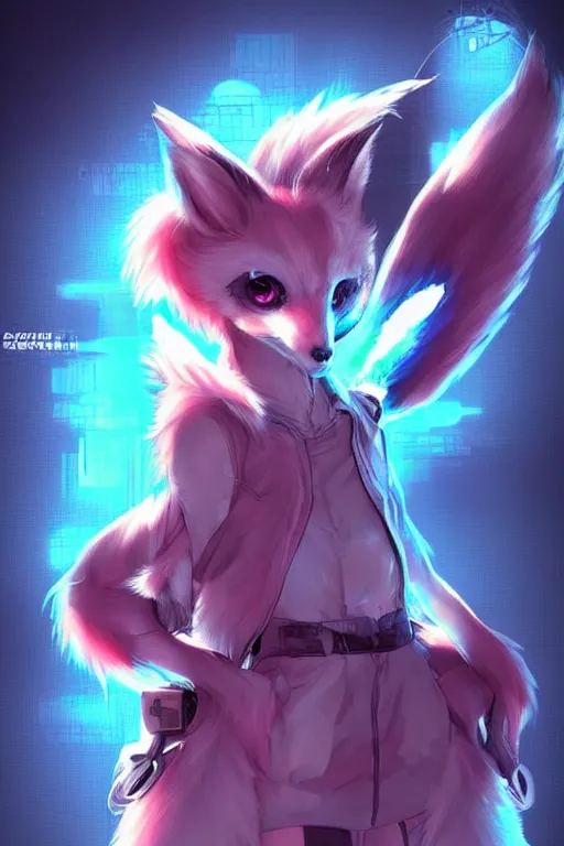 Image similar to a cyberpunk anthropomorphic fox with a fluffy tail!!!, manga art, trending on furaffinity, cartoon, kawaii, backlighting, by kawacy, chibi, pastel