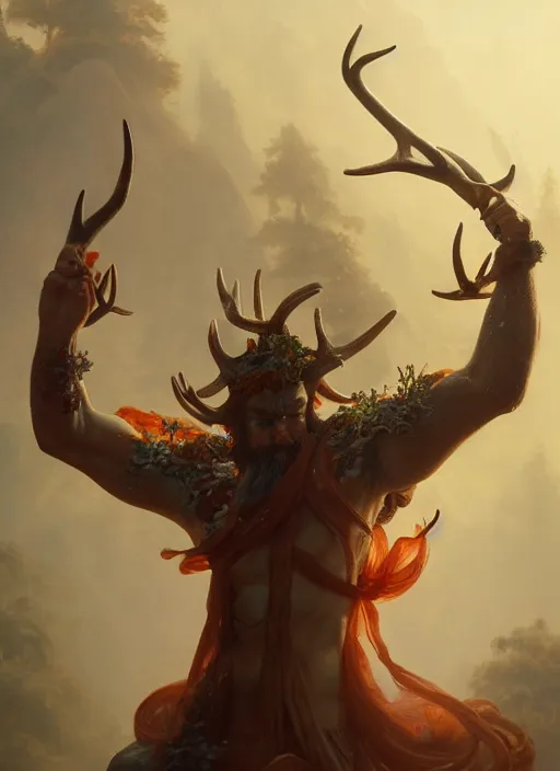 Prompt: Gigantic Deity with antlers and translucent mushrooms, extremly detailed oil painting, in the style of Fenghua Zhong and Ruan Jia and Jeremy Lipking and Peter Mohrbacher, rim light, beautiful lighting, mystic, 8k, stunning scene, raytracing, octane, trending on artstation